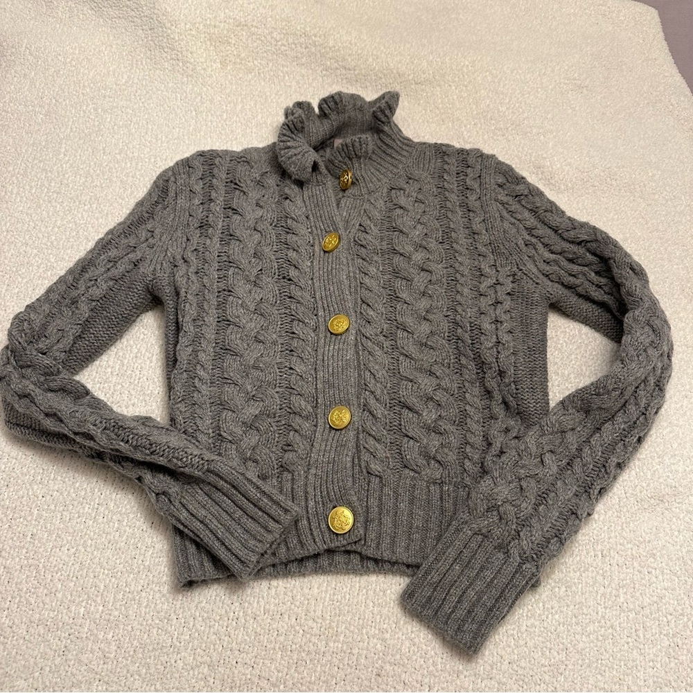 J Crew - Womens Grey Cable Knit Ruffle Neck Cardigan Sweater - Size XS